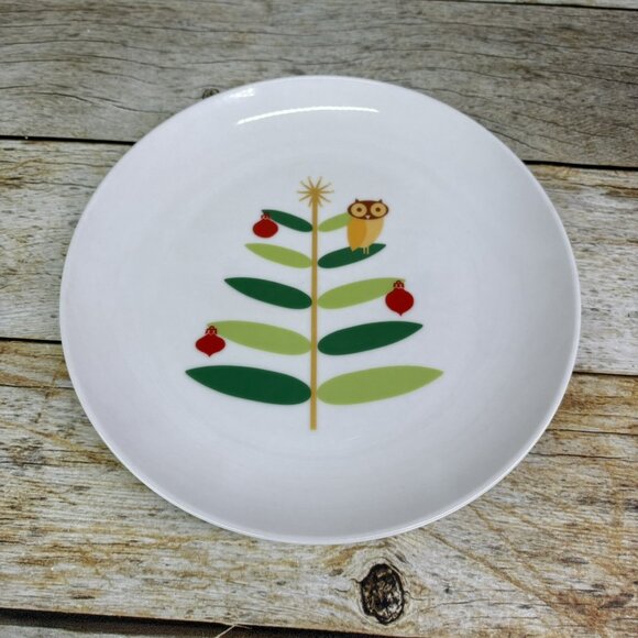 Rachael Ray HOLIDAY HOOT Christmas Tree Owl Stars Porcelain Salad Plates Set 4 - Picture 6 of 16